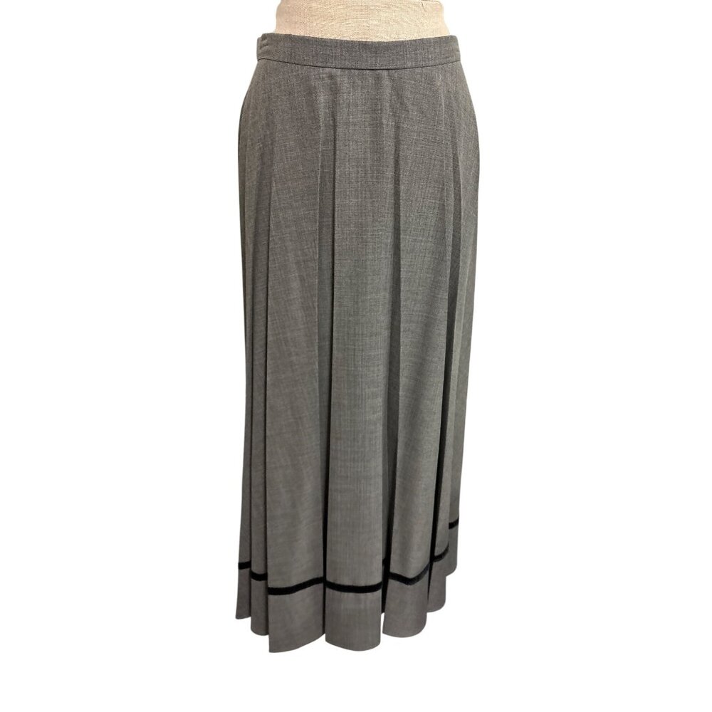 Vintage Orvis Gray Pleated Midi Skirt With Black Trim Size 10 Polyester Wool